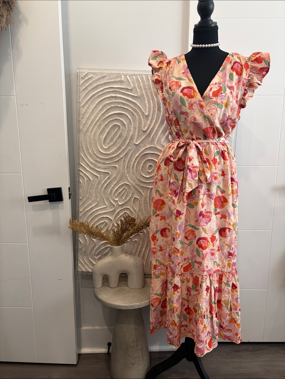 Sam Edelman Pink Floral Maxi Wrap Dress with Orange & Green Accents